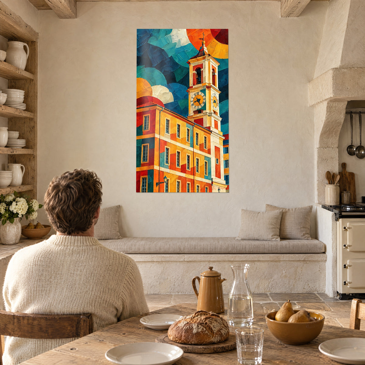 Quadro torre dell'orologio in campiture arancioni e turchesi, uomo seduto di spalle davanti a un pane rustico, casa in pietra