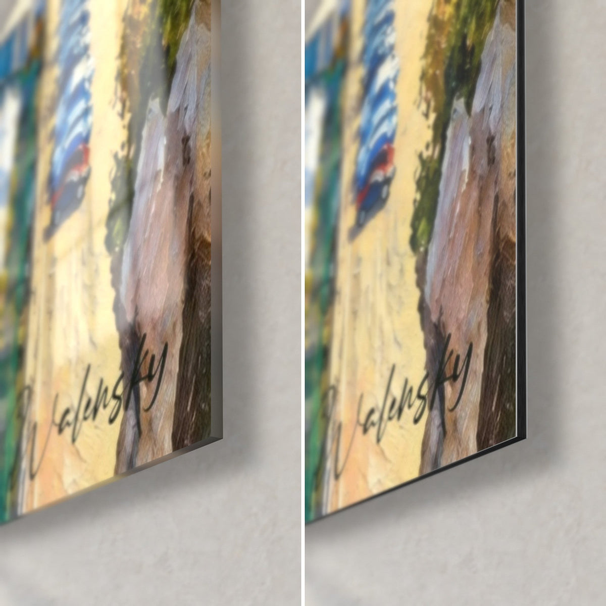 Wall art Nice bay in thick brushstrokes, ochre quayside and vivid blue sea, lower right corner in glossy glass and matte Dibond