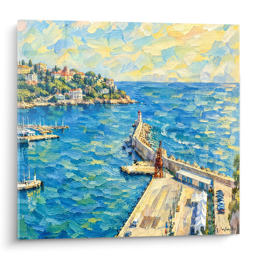 Tableau Port méditerranéen bleu et ocre au phare - Matin sur le port - Edition Nice  Provence-Alpes-Côte d'Azur  France