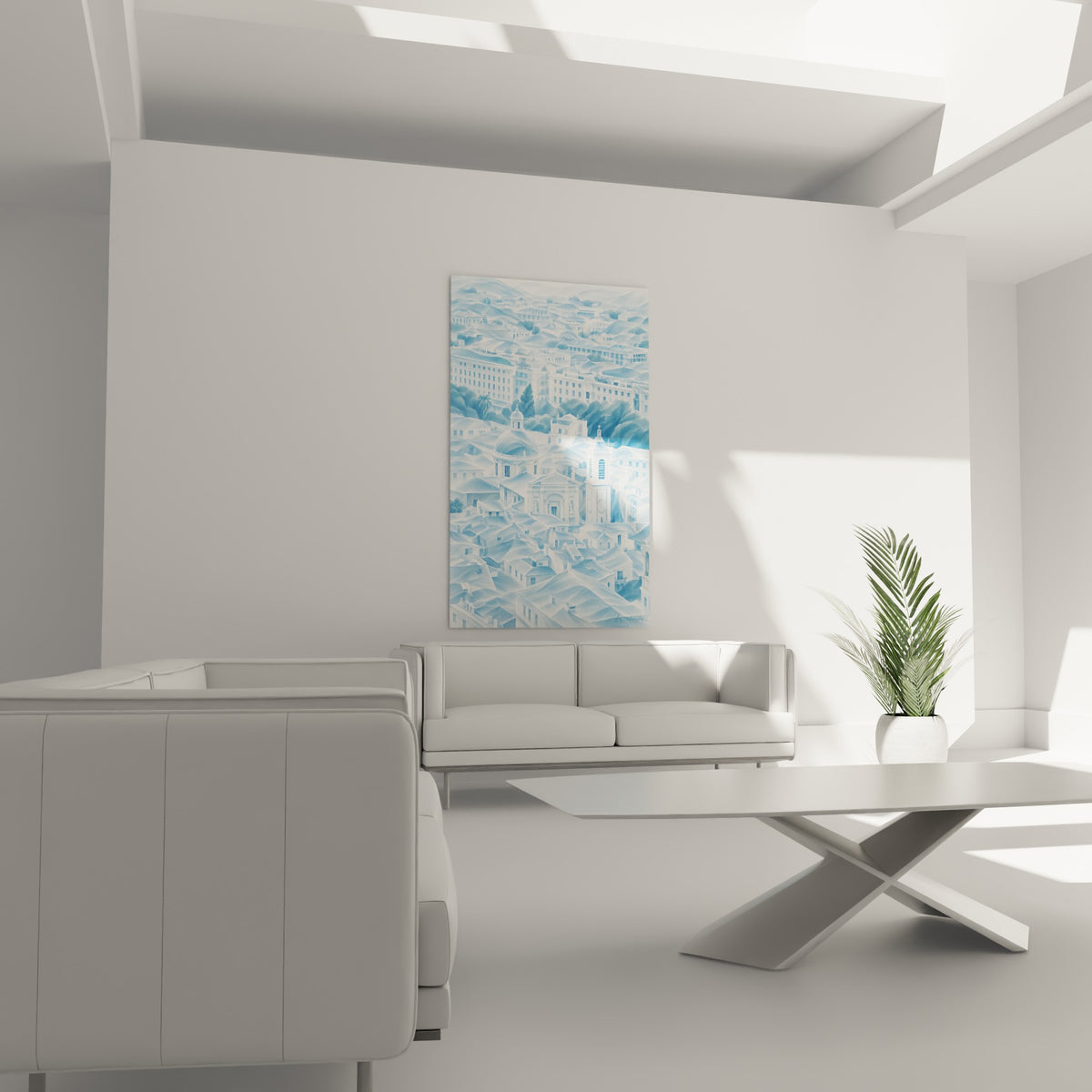 Vieille ville de Nice en camaïeu bleu glacé et vert sombre, au-dessus d'un canapé dans un salon lumineux