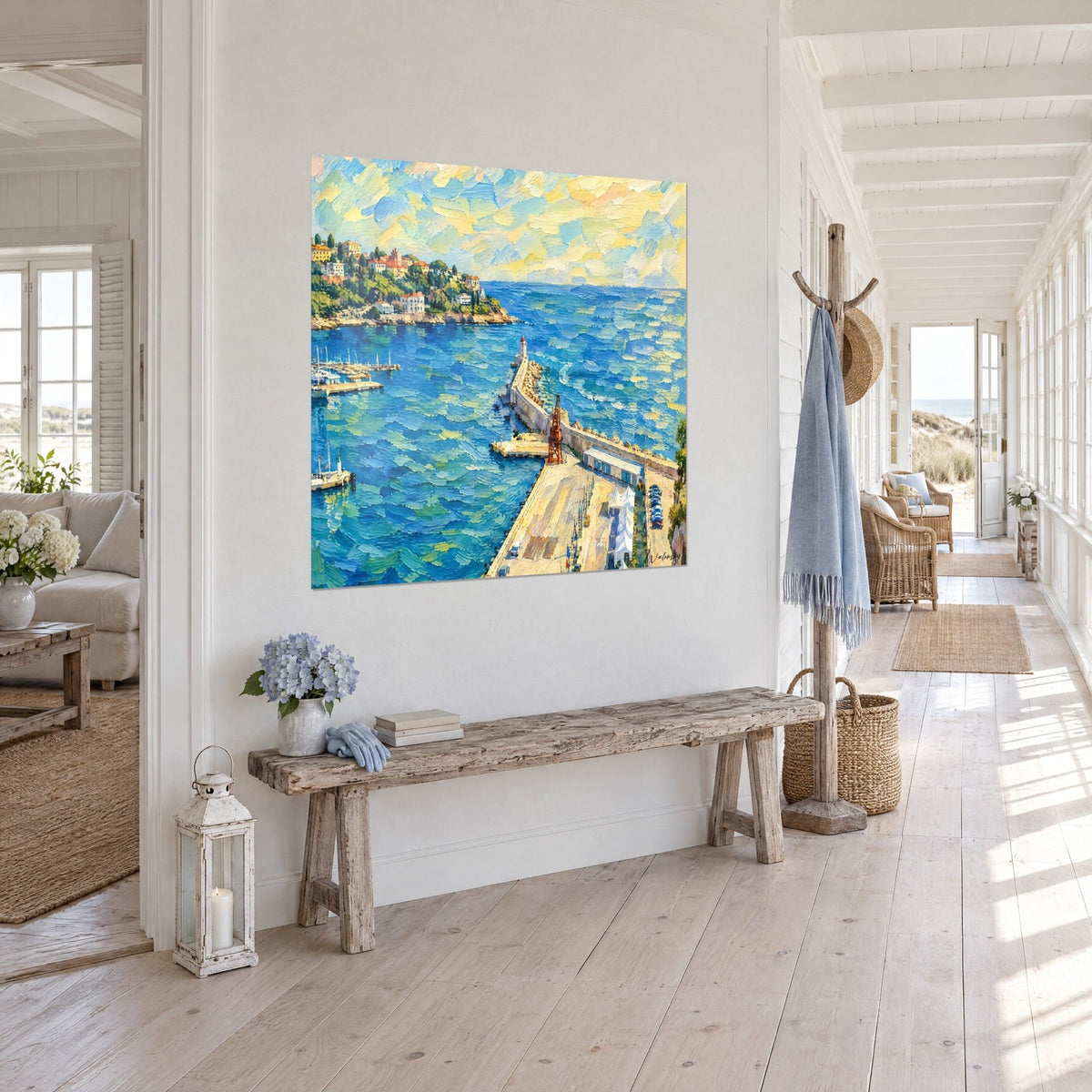 Wall art white jetty and rust-coloured crane over turquoise sea, pastel yellow and blue sky, in a light wood entrance hall