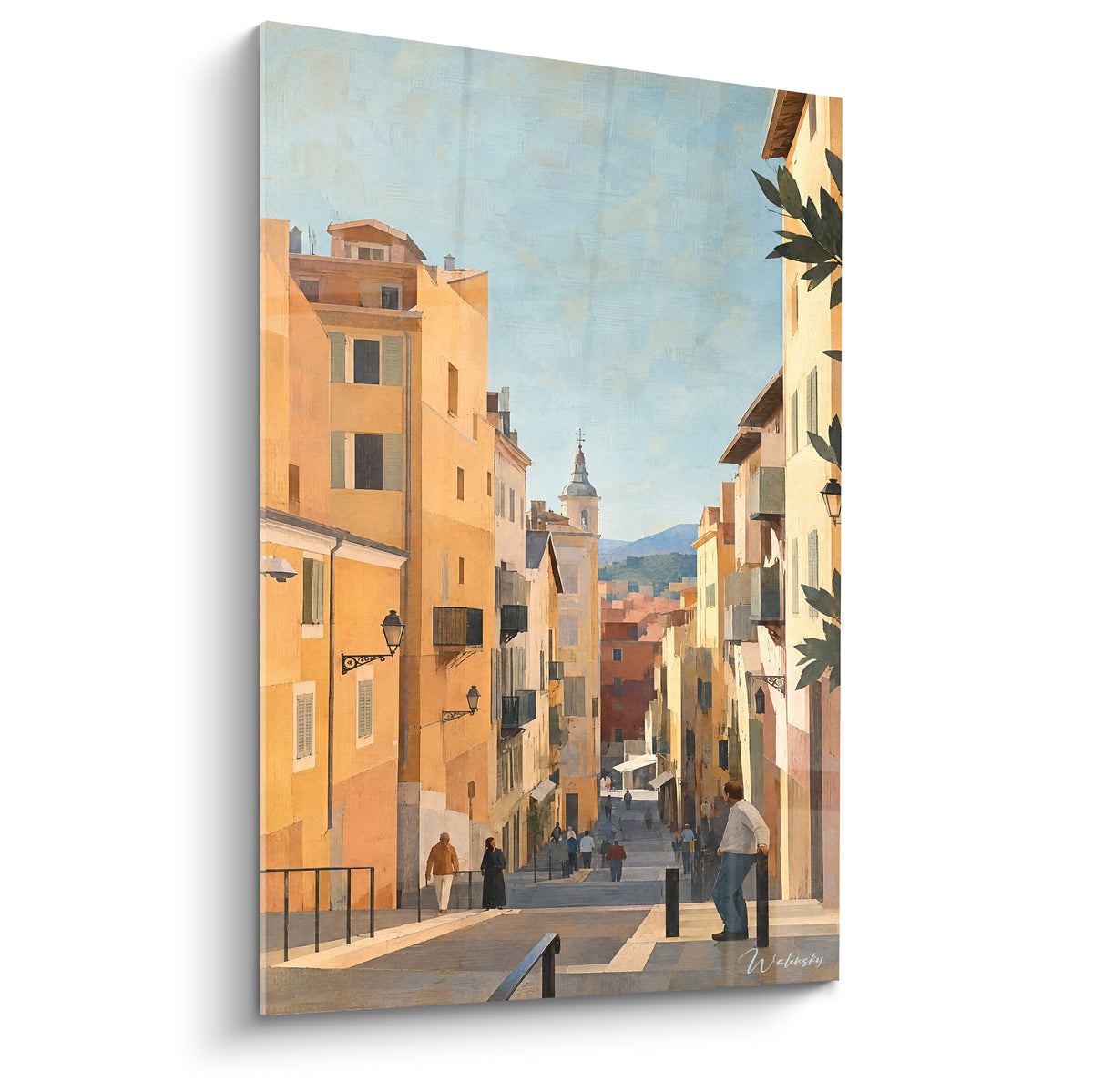 Wall art Nice alleyway with ochre and terracotta facades, pastel blue sky, bell tower in the background