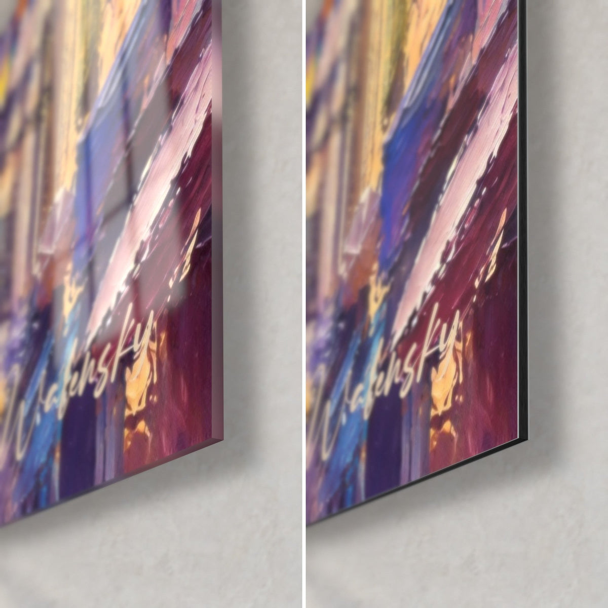 Cuadro campanario y banderines en pintura gruesa, esquina inferior derecha en rosa y violeta, cristal brillante a la izquierda, Dibond mate a la derecha