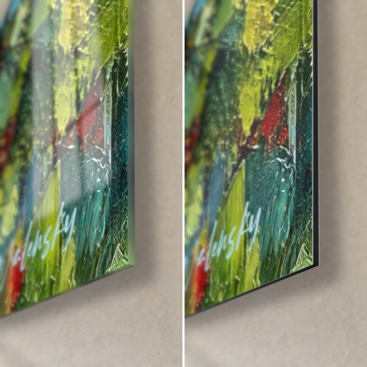 Wall art green and yellow palm tree with red touches, bottom right corner: glossy acrylic glass on the left, matte Dibond aluminium on the right, 3 mm thickness