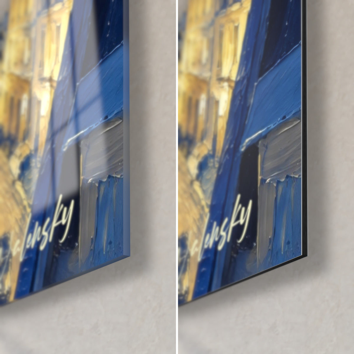 Gemälde beleuchtete Küstenstadt, untere rechte Ecke: glänzendes Acrylglas links, matte Alu-Dibond-Platte rechts, 3 mm Stärke