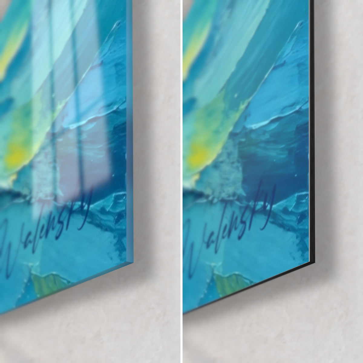 Schilderij Côte d'Azur kust in turquoise en citroengele spatelstreken, rechtsonder: glanzend glas en mat Dibond, rand van 3 mm