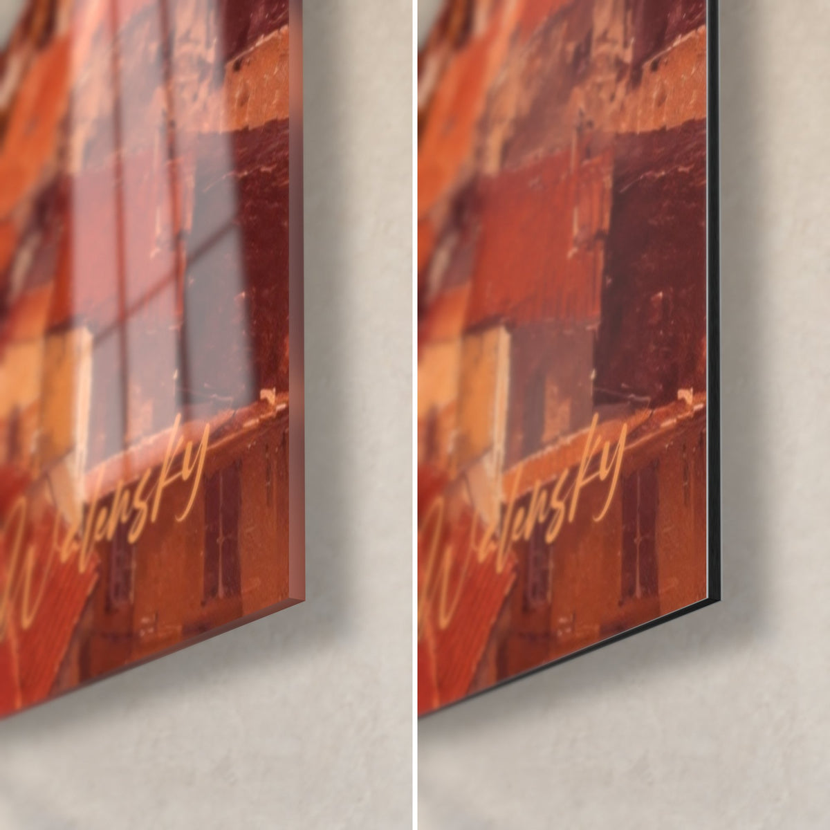 Wall art of Nice in terracotta, bottom right corner: glossy acrylic glass on the left, matte Dibond on the right, ochre signature, black edge