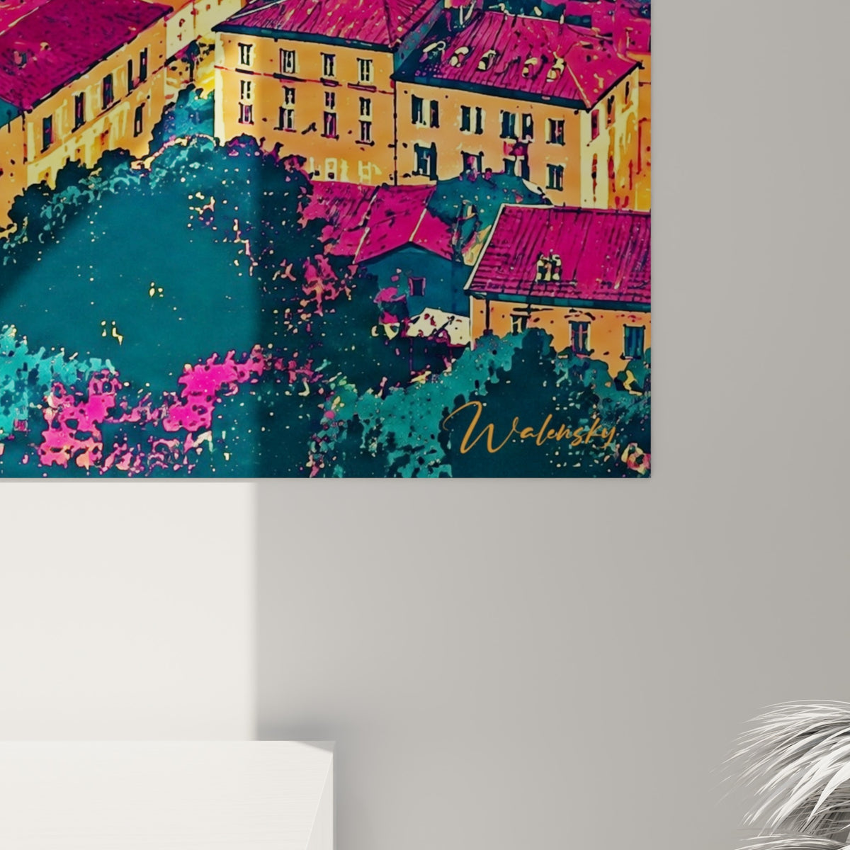 Détail des touches orange et fuchsia granuleuses sur la toile, éclats dorés et grain sérigraphique visibles