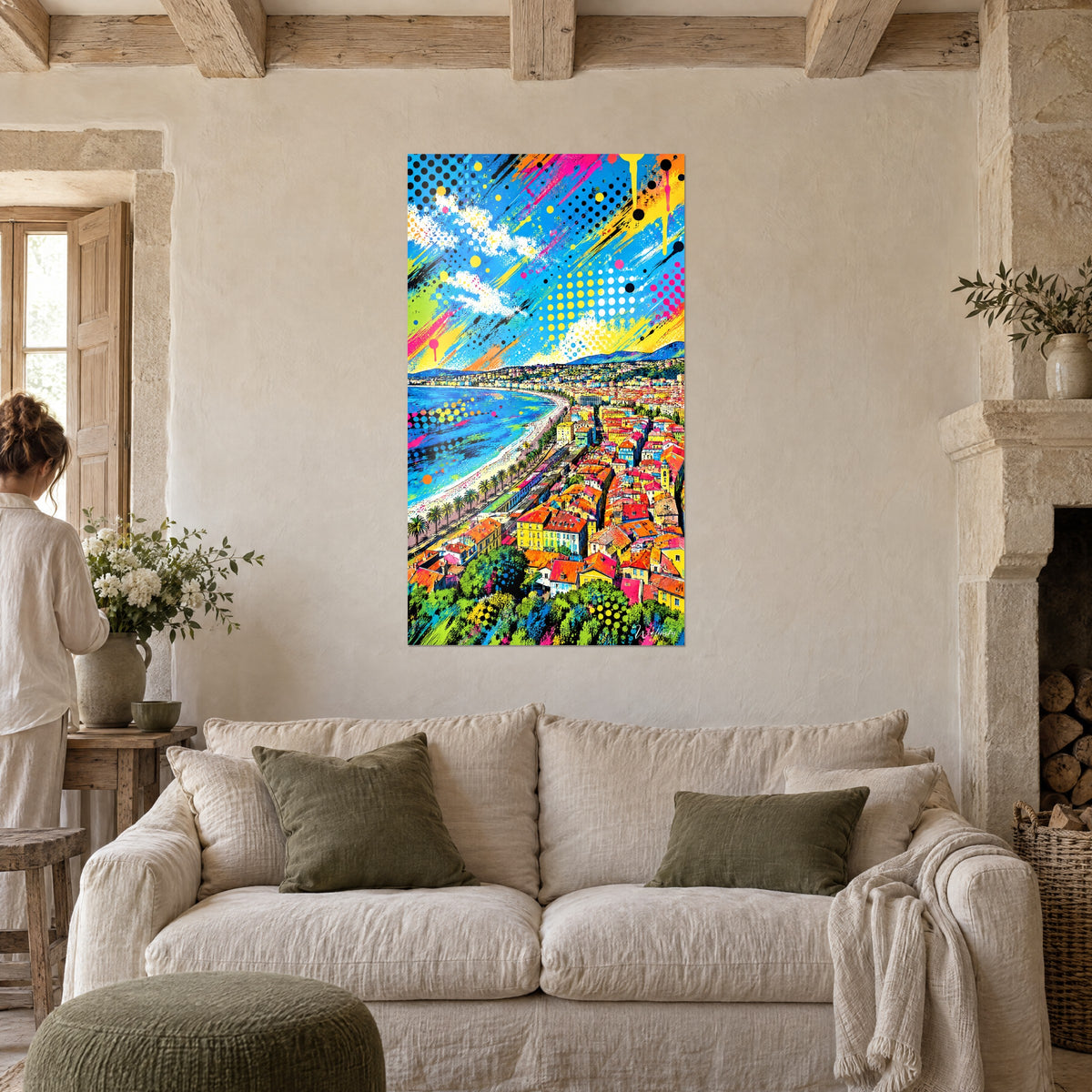 Wall art Promenade des Anglais in pop art style, blue bay and orange rooftops, two people seen from behind above a sofa in a bright living room