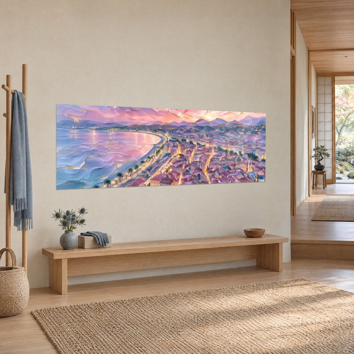 Schilderij panorama van Nice bij zonsondergang, lila en roze golven, koepel van de kathedraal, houten bank, gang