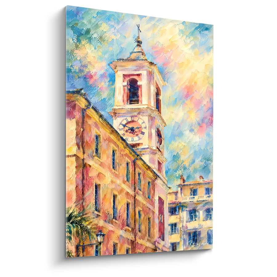 Schilderij Torenklok Oker en Pastelblauw - Zonnige Wandeling - Editie Nice Provence-Alpes-Côte d'Azur Frankrijk