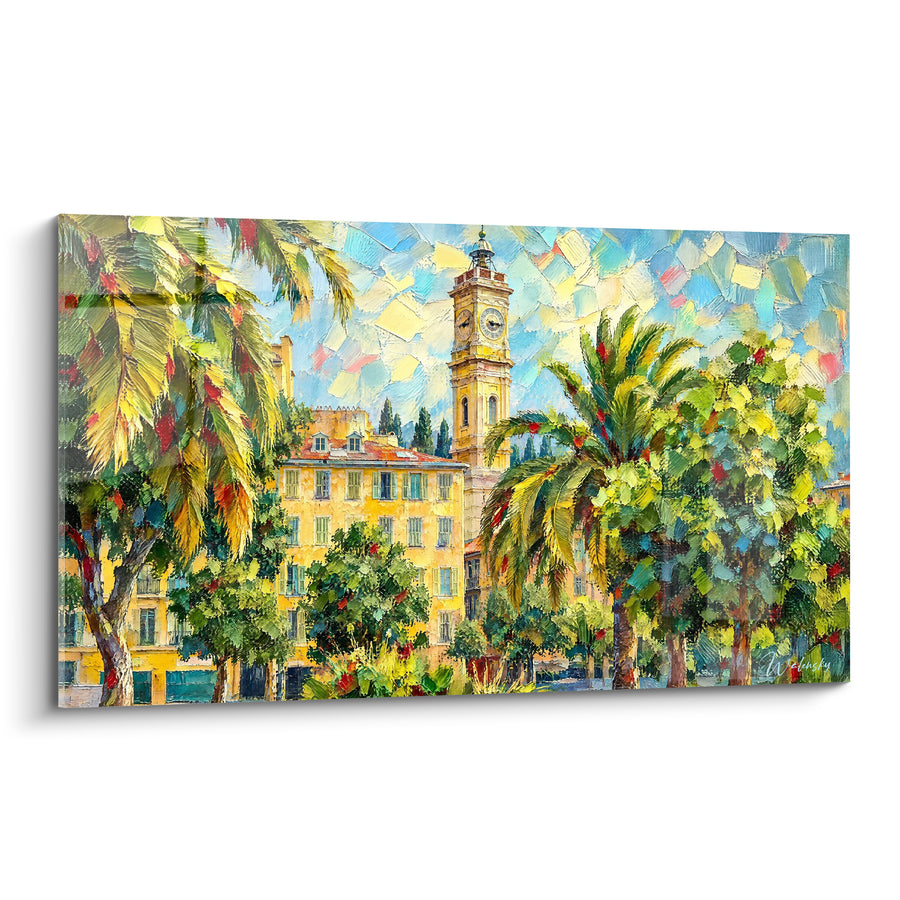 Painting Clock Tower in Yellow and Green - Stroll Under Palm Trees - Edition Nice Provence-Alpes-Côte d'Azur France