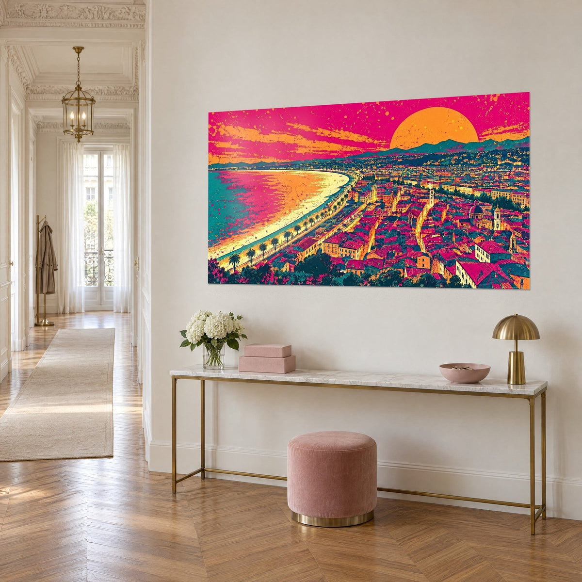 Gemälde leuchtend runde Sonne über einer Palmenpromenade, grellrosa Himmel und goldener Sand, auf einer Marmorkonsole