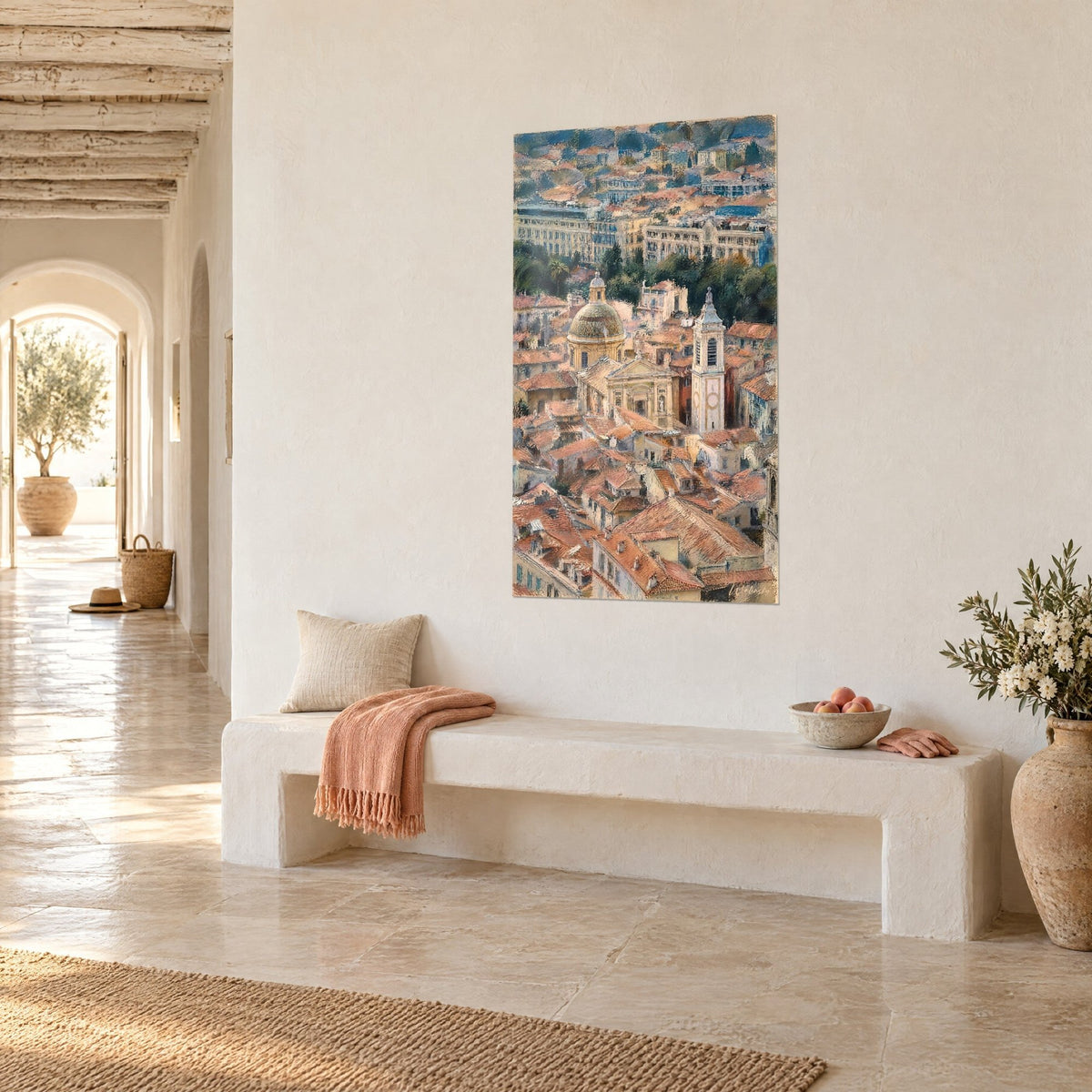 Wall art aerial panorama of Old Nice, ivory bell tower and baroque façade between ochre roofs and greenery, vaulted passage, stone bench