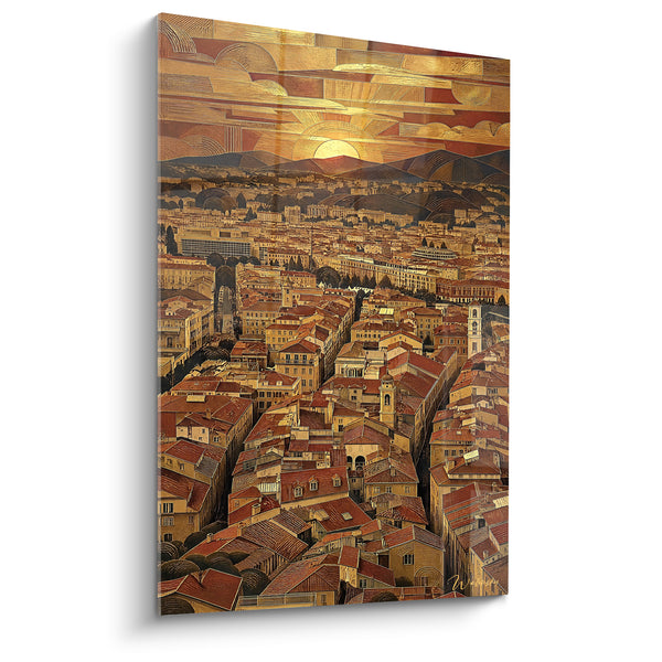 Tableau Clocher doré et toits terracotta aux collines lointaines - Ciel géométrique fragmenté - Edition Nice  Provence-Alpes-Côte d'Azur  France