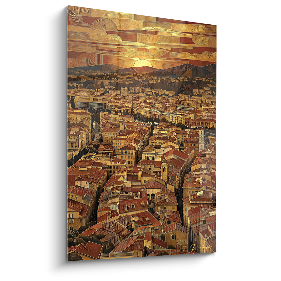Schilderij Gouden Klokkentoren en Terracotta Daken met Verre Uitzichten - Fragmentarische Geometrische Hemel - Editie Nice Provence-Alpes-Côte d'Azur Frankrijk