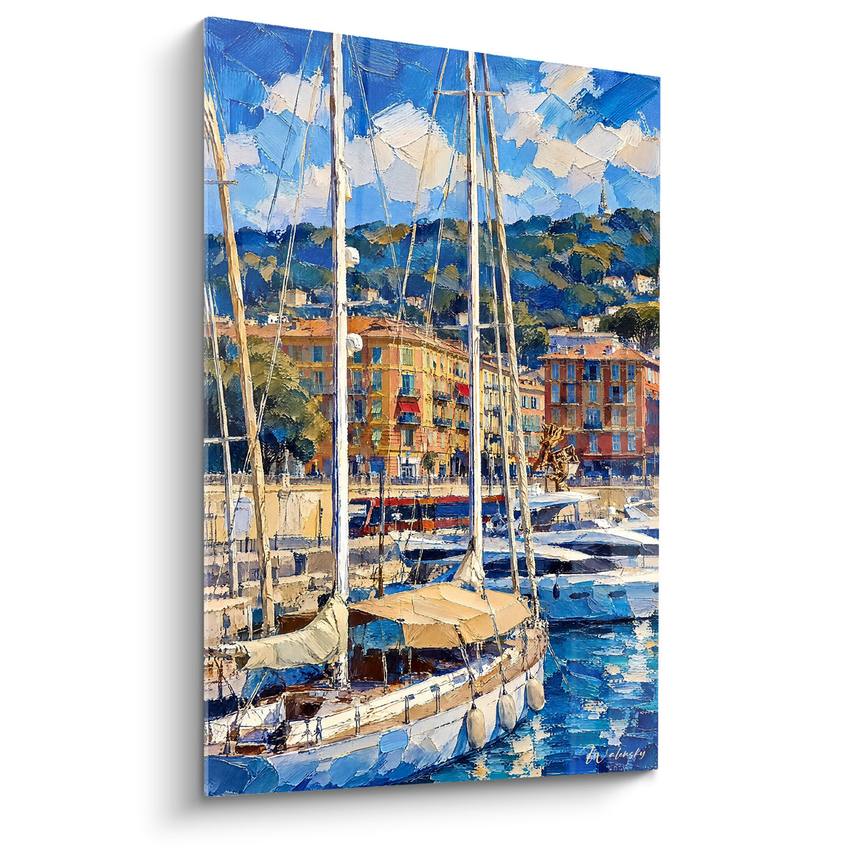 Schilderij witte en marineblauwe zeilboten afgemeerd voor de okerkleurige gevels van de haven van Nice, in reliëf geschilderd