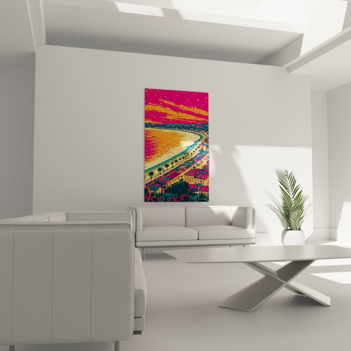 Vue aérienne de la baie niçoise en orange flamboyant et bleu pétrole, au-dessus d'un canapé dans un salon lumineux