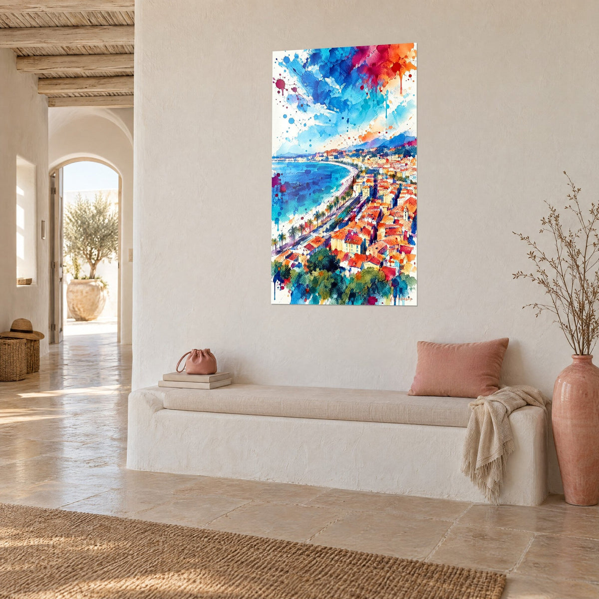 Wall art of the painted Promenade des Anglais, turquoise bay lined with green palm trees, orange rooftops, white wall of a Mediterranean house in three-quarter view