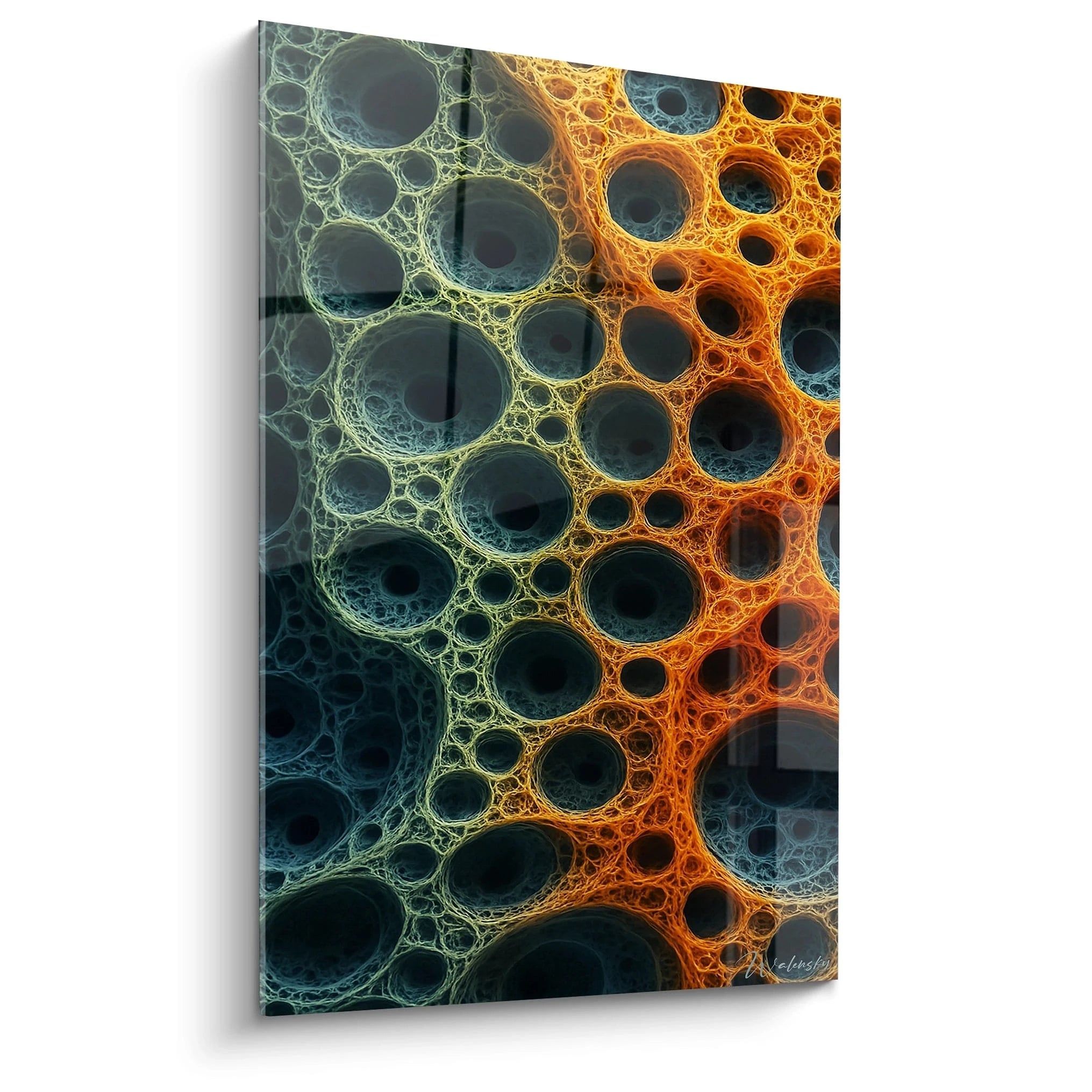 Un tableau cellules organiques présentant des structures alvéolaires en relief, divisé en sections bleues profondes et oranges vives avec transition jaune. Les textures fibreuses forment des cavités sphériques interconnectées de tailles variées, créant un effet tridimensionnel saisissant.

