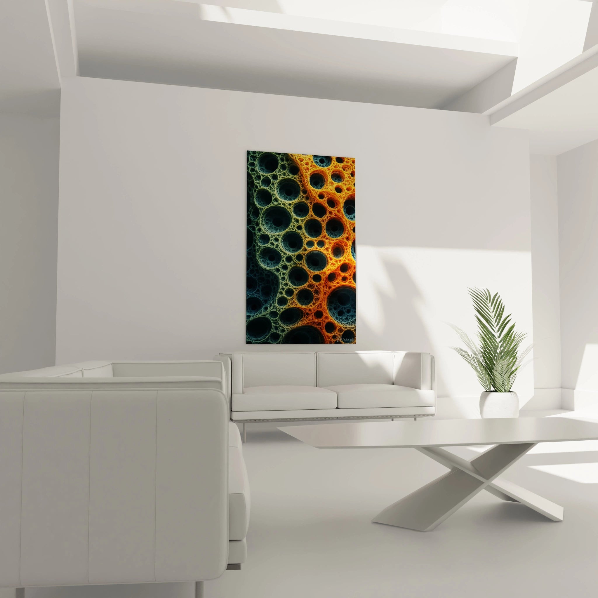 Un tableau cellules biologiques représentant un motif alvéolaire en relief profond, combinant tons froids bleutés et chauds orangés. Les structures cellulaires interconnectées créent un effet de profondeur tridimensionnelle, évoquant des tissus organiques grossis révélant leurs cavités et membranes.
