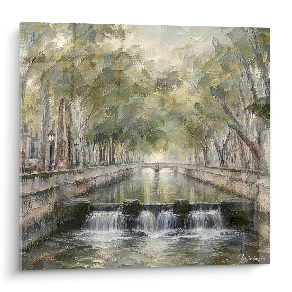 Schilderij met bomen omzoomd kanaal in Nîmes in salviegroene en grijze tinten, olieverfwatervallen op de voorgrond