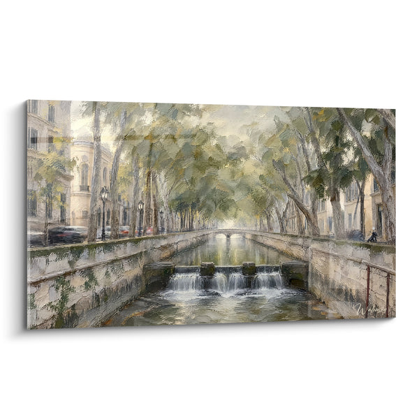 Tableau Canal bordé d'arbres verts et beiges - Promenade matinale - Edition Nîmes Occitanie France