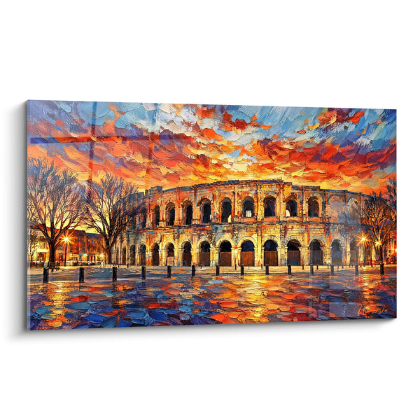 Tableau Arènes romaines ciel orangé pavés bleutés - Embrasement du soir - Edition Nîmes Occitanie France