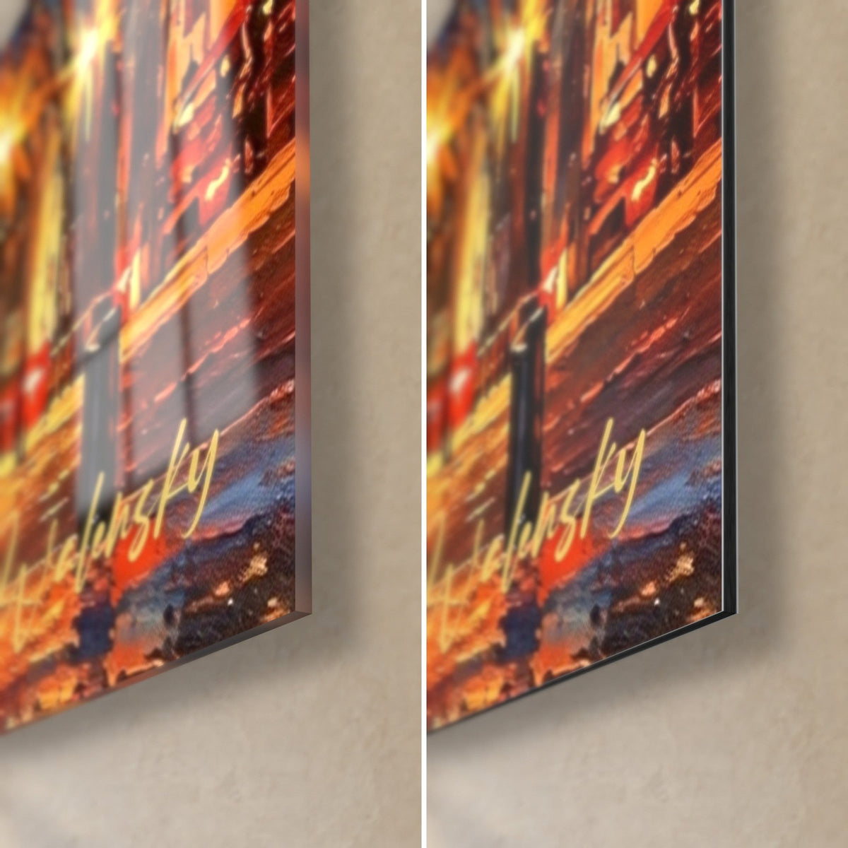Schilderij arena van Nîmes in oranje en nachtblauw, rechtsonder: glanzend acrylglas links, mat Dibond rechts, rand van 3 mm