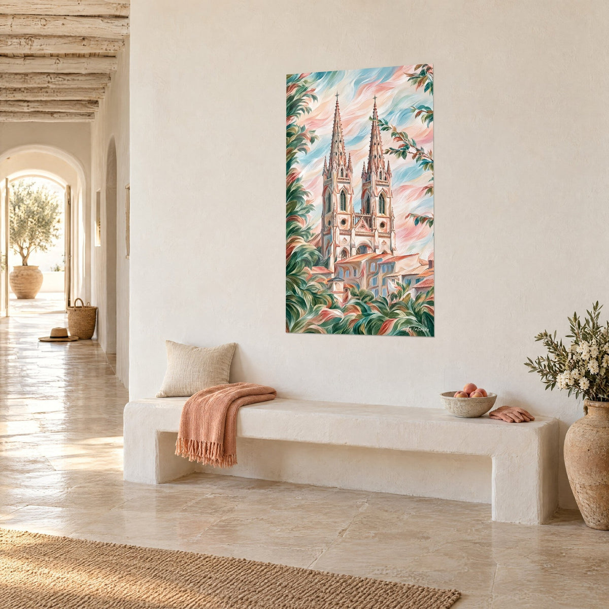 Wall art twin bell towers of rose-coloured stone under a blue and pink sky, green leaves, in a white arcaded hallway