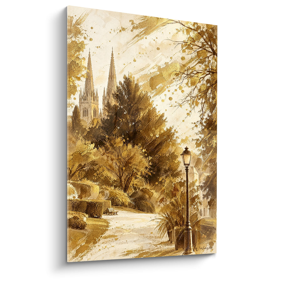 Lamppost ornate gold and brown near the garden path - Shaded public bench - Niort Nouvelle-Aquitaine France edition