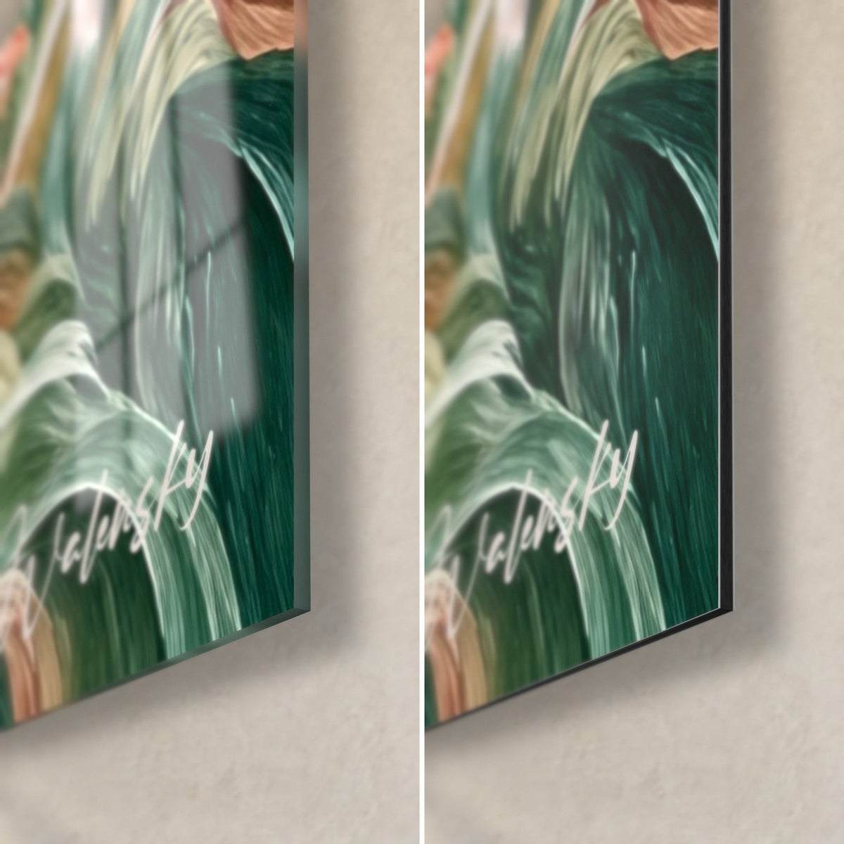 Wall art cathedral in oil painting style, deep green and ochre foliage, glossy acrylic glass and matte Dibond aluminium, 3 mm thickness