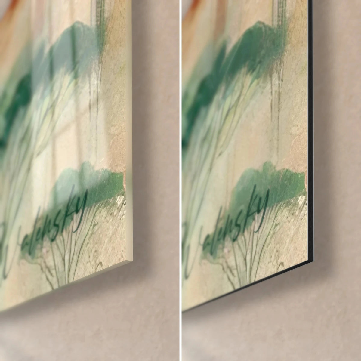 Quadro ritratto di canguro, angolo in basso a destra: vetro acrilico lucido a sinistra, alluminio Dibond opaco a destra, spessore 3 mm, verde salvia