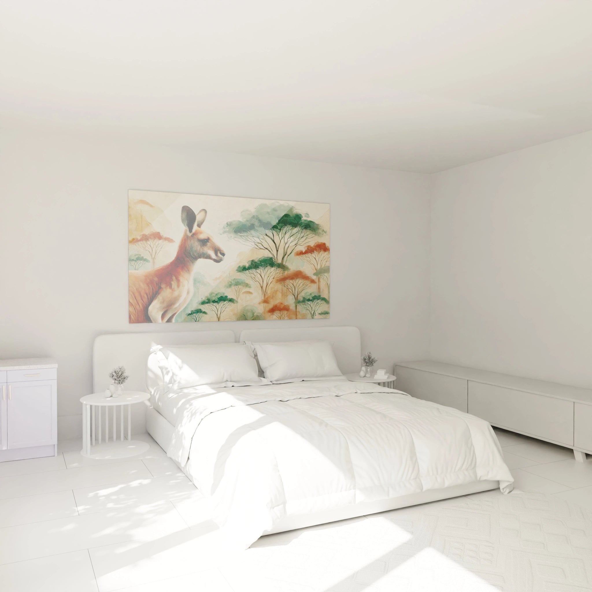 Accroché au mur dans une chambre, ce tableau kangourou inspire calme et harmonie, invitant à la détente. Ses teintes naturelles complètent parfaitement un espace propice au repos.

