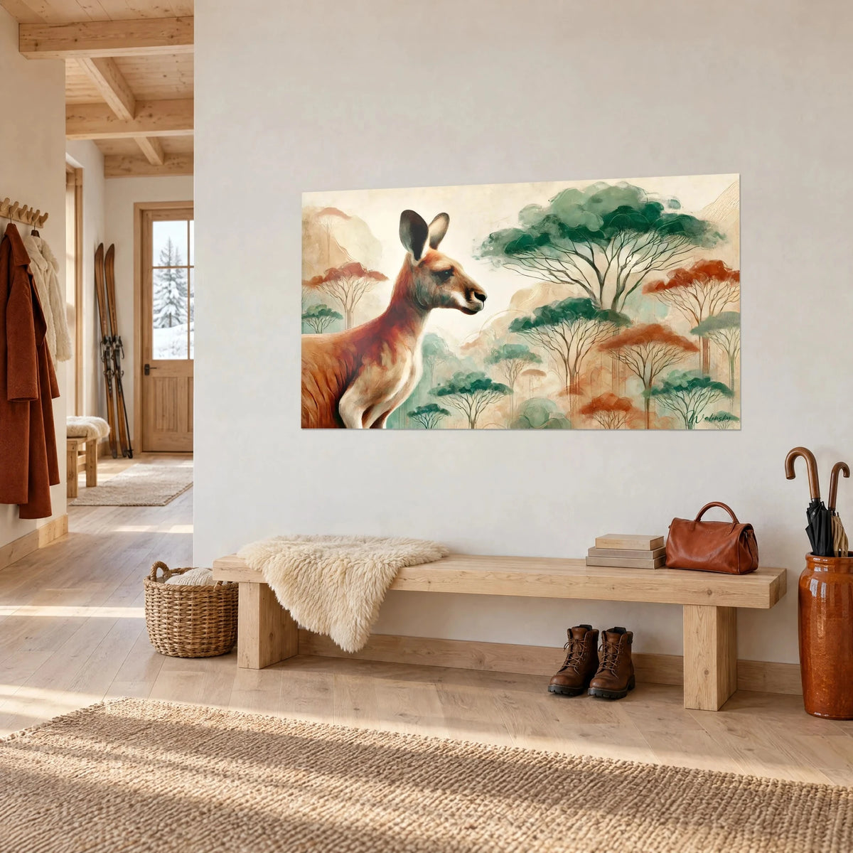 Quadro marsupiale australiano dalle orecchie marroni dritte, alberi verde salvia e ruggine, su un muro bianco sopra una panca di legno