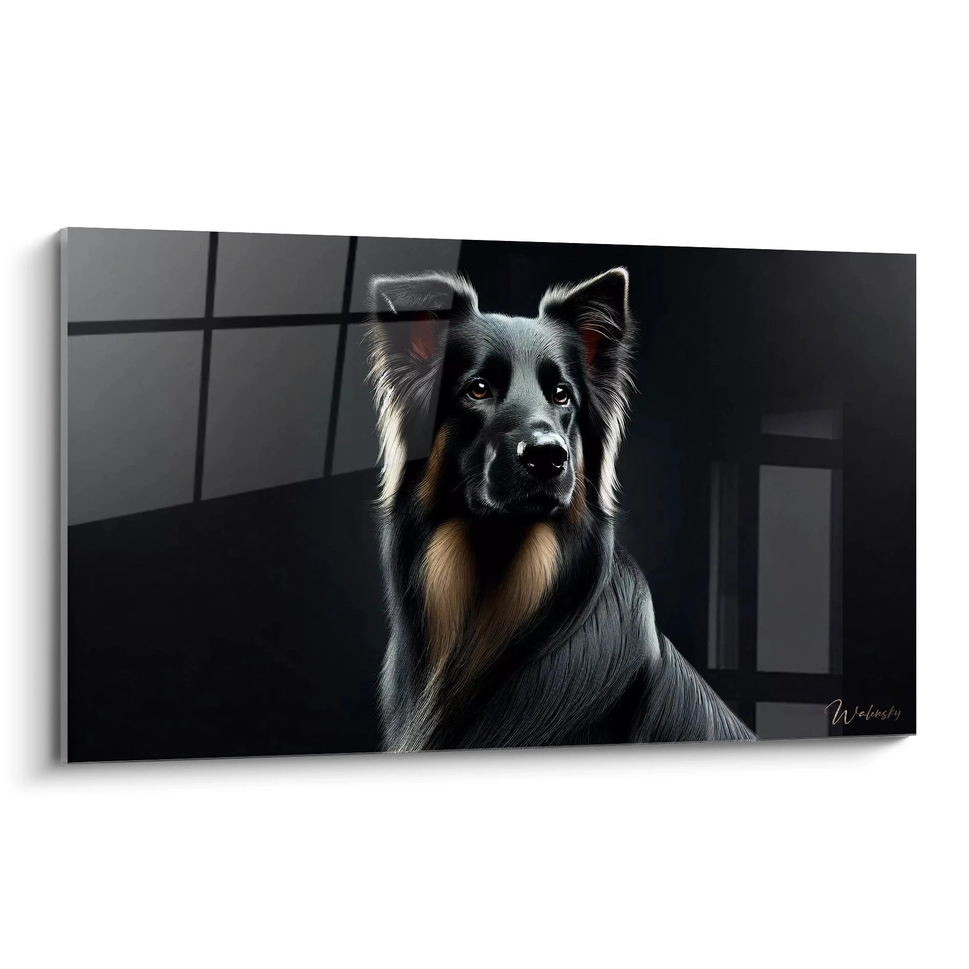 Découvrez ce tableau chien hyperrealiste, capturant un chien noir et brun dore. Les details precis du pelage et la lumiere douce mettent en valeur l'elegance naturelle de l'animal