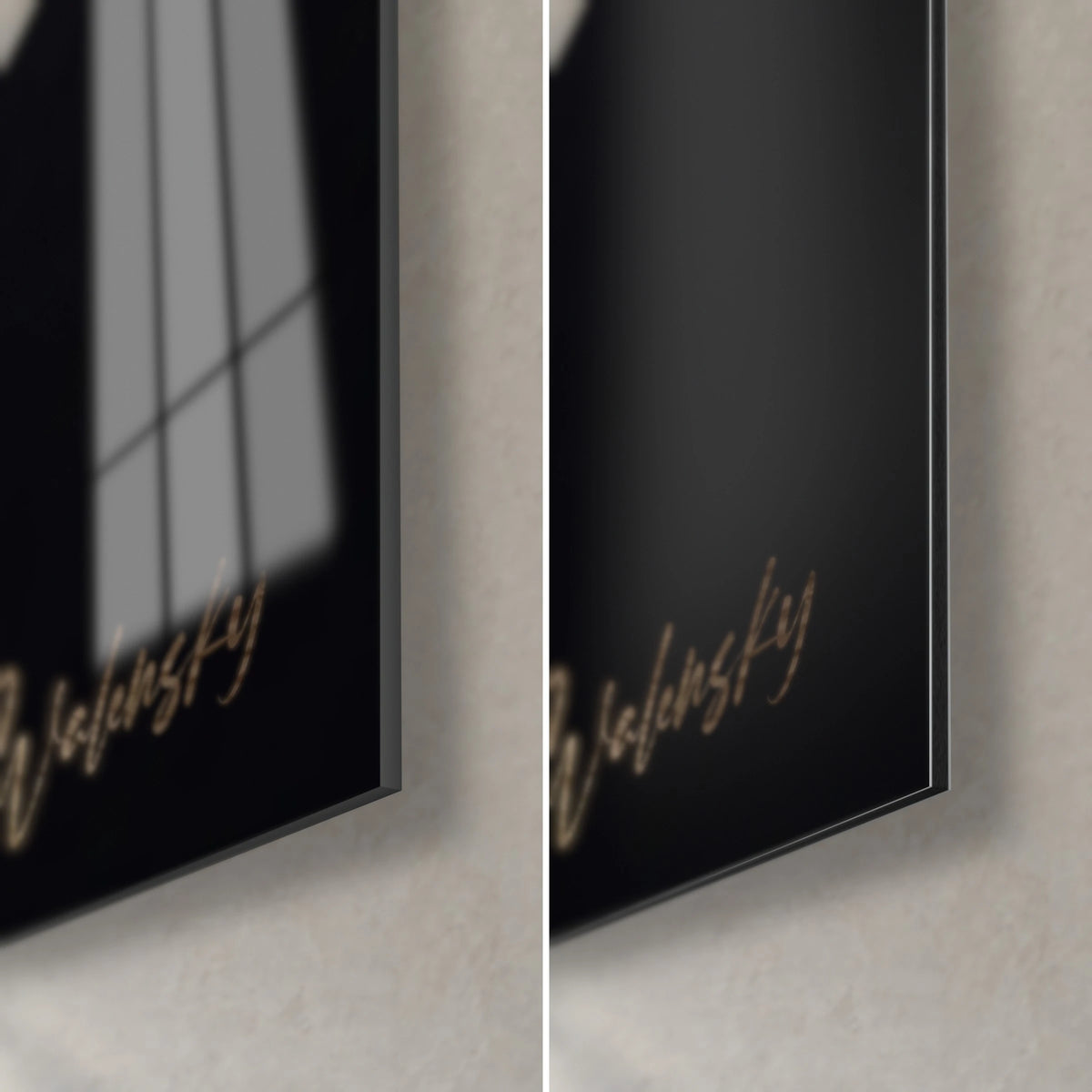 Cuadro perro negro y fauve, esquina inferior derecha, cristal acrílico brillante con reflejos de ventana sobre aluminio Dibond mate, grosor de 3 mm