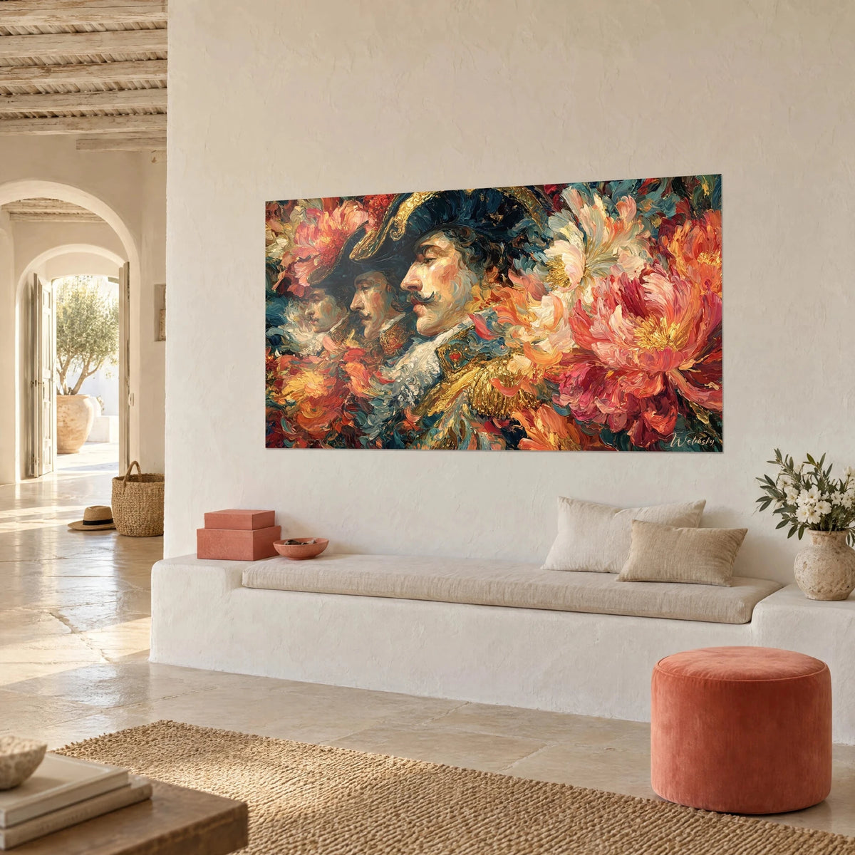 Gemälde schnurrbärtige Reiter in goldbetresster Uniform, rosa und orangefarbene Pfingstrosen in dickem Pastellauftrag, weiße Sitzbank, mediterranes Haus