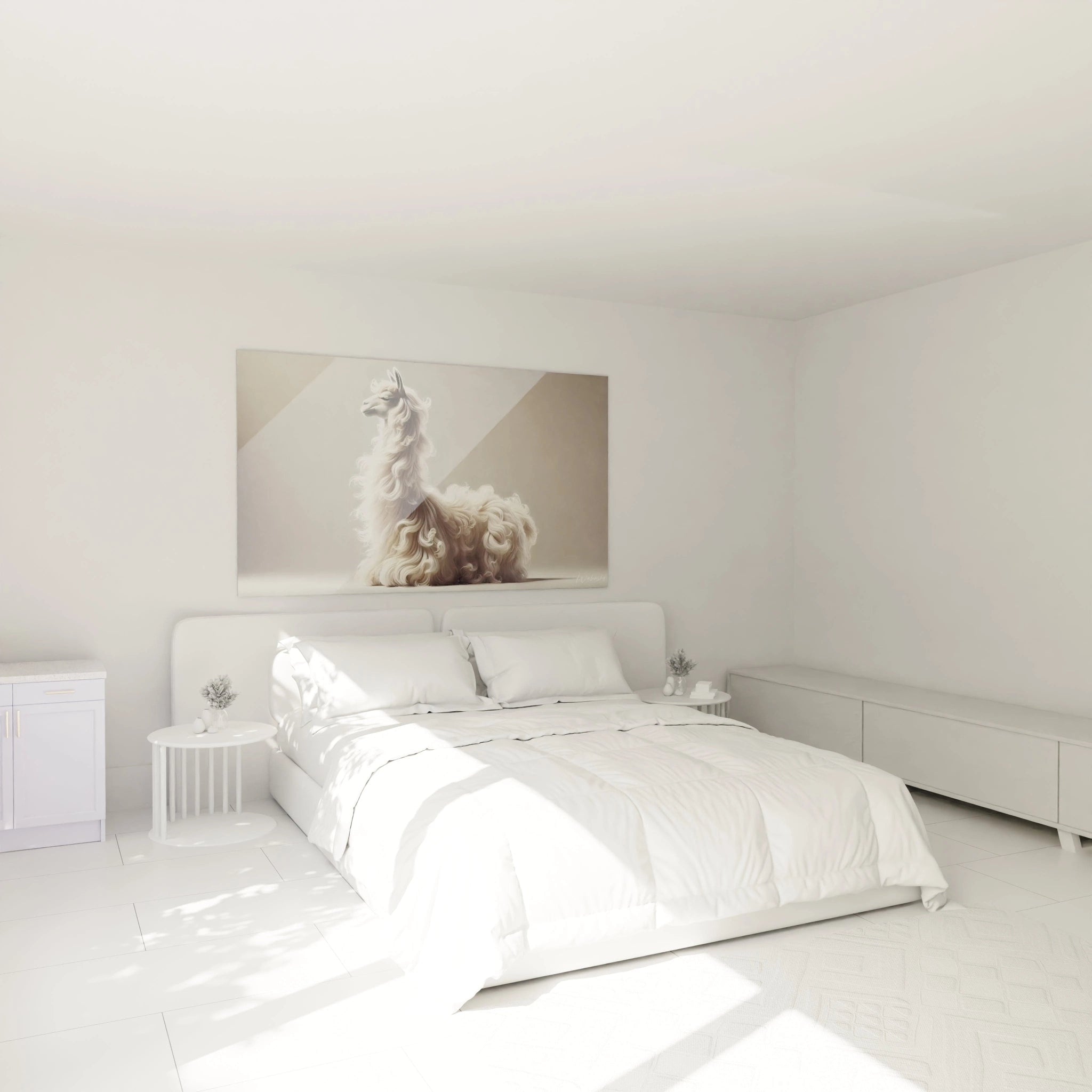 Au-dessus du lit, ce tableau lama apporte une touche apaisante a la chambre avec ses couleurs douces et son style raffiné. L'élégance du lama se marie parfaitement a un decor epure.

