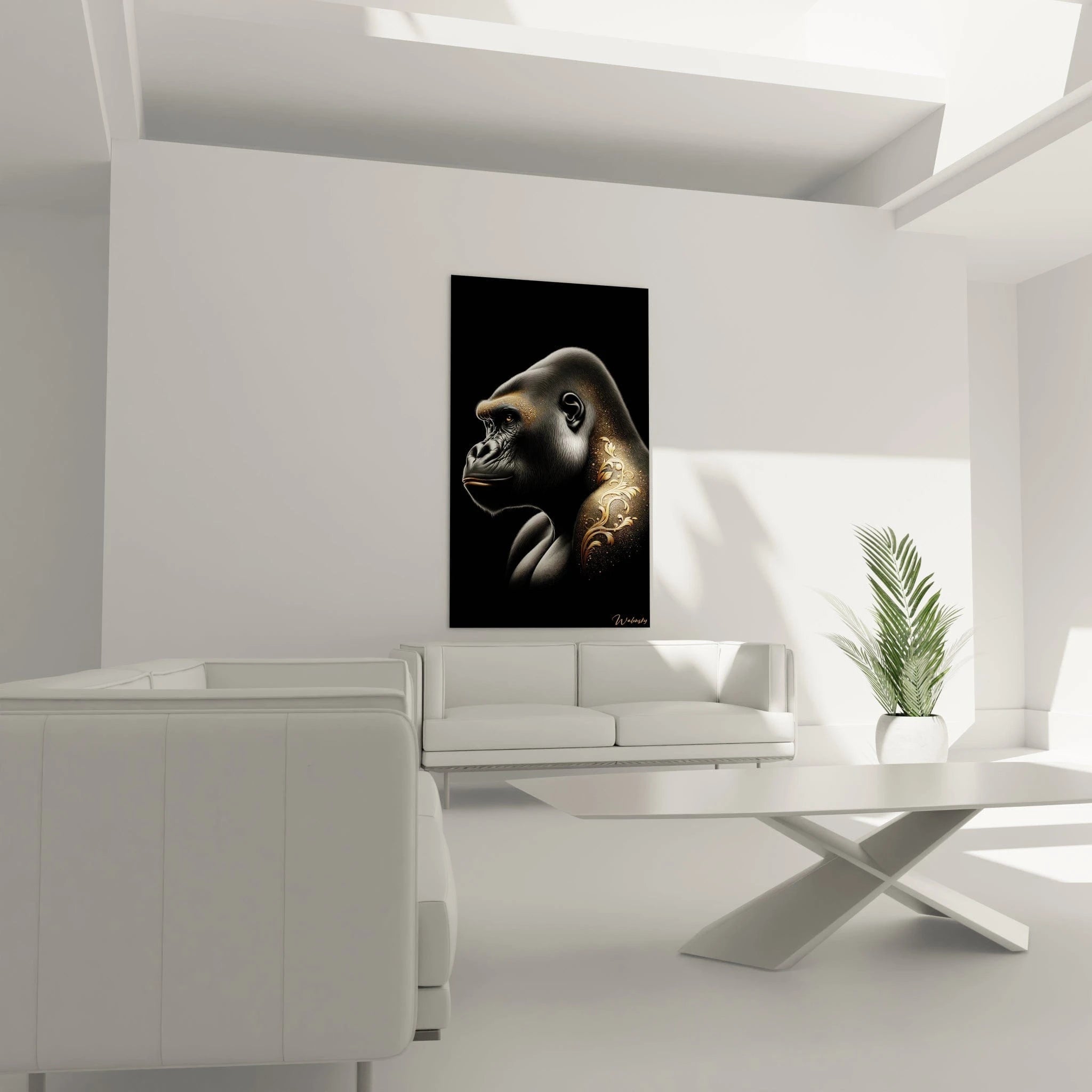 Un tableau d'animal montrant la tête et les épaules d'un gorille en vue latérale. Des ornements dorés en forme de volutes et de feuillages stylisés décorent partiellement son visage et son corps. La texture du pelage noir est minutieusement détaillée, créant un contraste saisissant avec les éléments dorés brillants sur fond noir profond.
