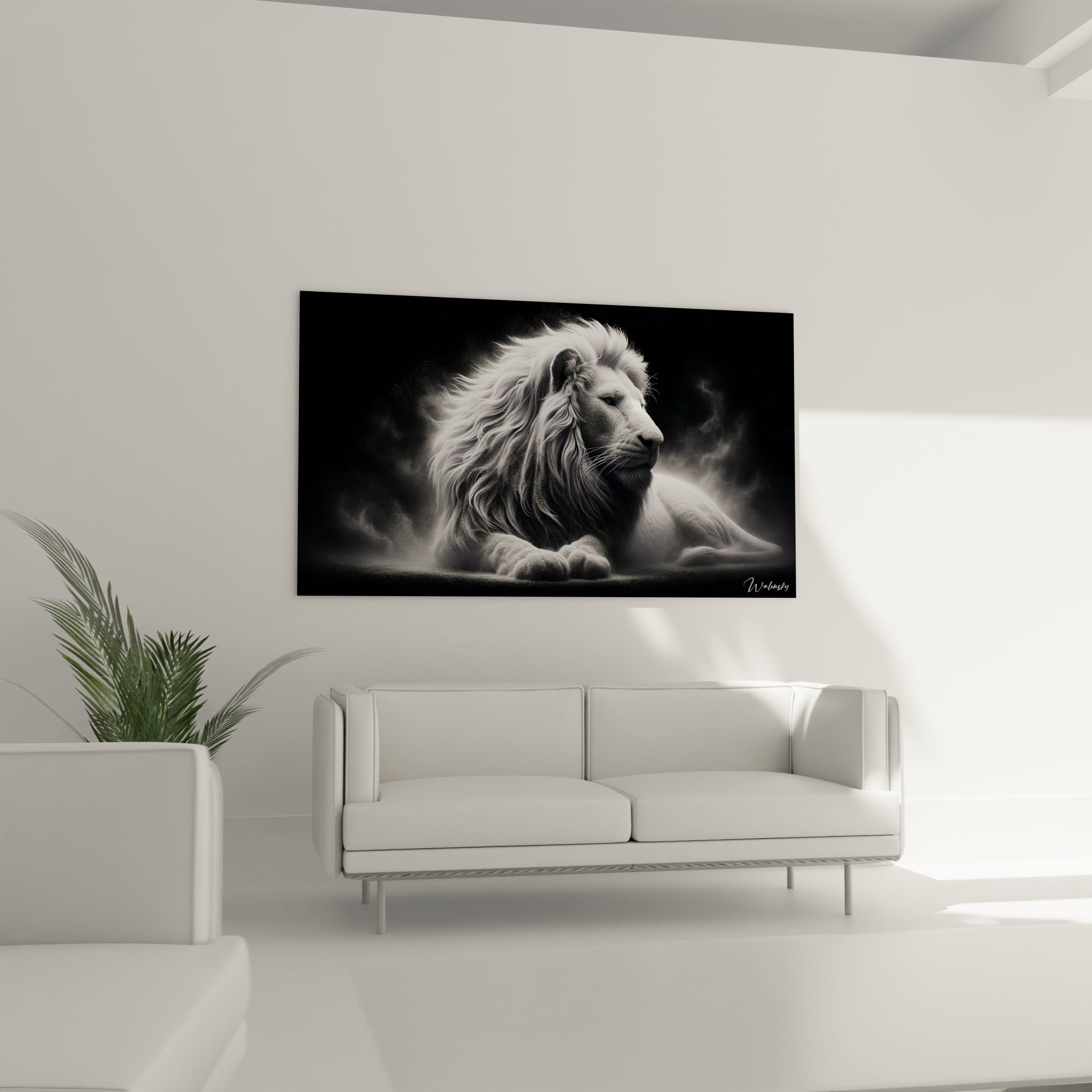 Un tableau d'animal montrant un lion blanc de profil avec une imposante crinière aux mèches ondulées. La texture du pelage est rendue avec précision dans différentes nuances de blanc et gris. L'atmosphère brumeuse sur fond noir et les minuscules points lumineux qui entourent l'animal créent un effet éthéré et dramatique.
