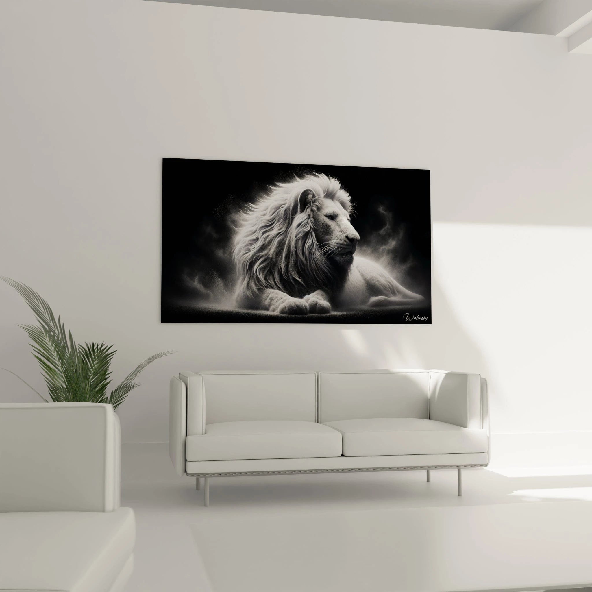 Un tableau d'animal montrant un lion blanc de profil avec une imposante crinière aux mèches ondulées. La texture du pelage est rendue avec précision dans différentes nuances de blanc et gris. L'atmosphère brumeuse sur fond noir et les minuscules points lumineux qui entourent l'animal créent un effet éthéré et dramatique.
