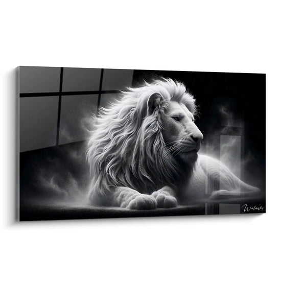 Un tableau d'animal représentant un lion blanc majestueux en position allongée sur fond noir. La crinière abondante et ondulante encadre son visage de profil. Les textures détaillées du pelage blanc et gris créent un effet de volume et de mouvement, tandis que des particules lumineuses entourent subtilement la silhouette féline.
