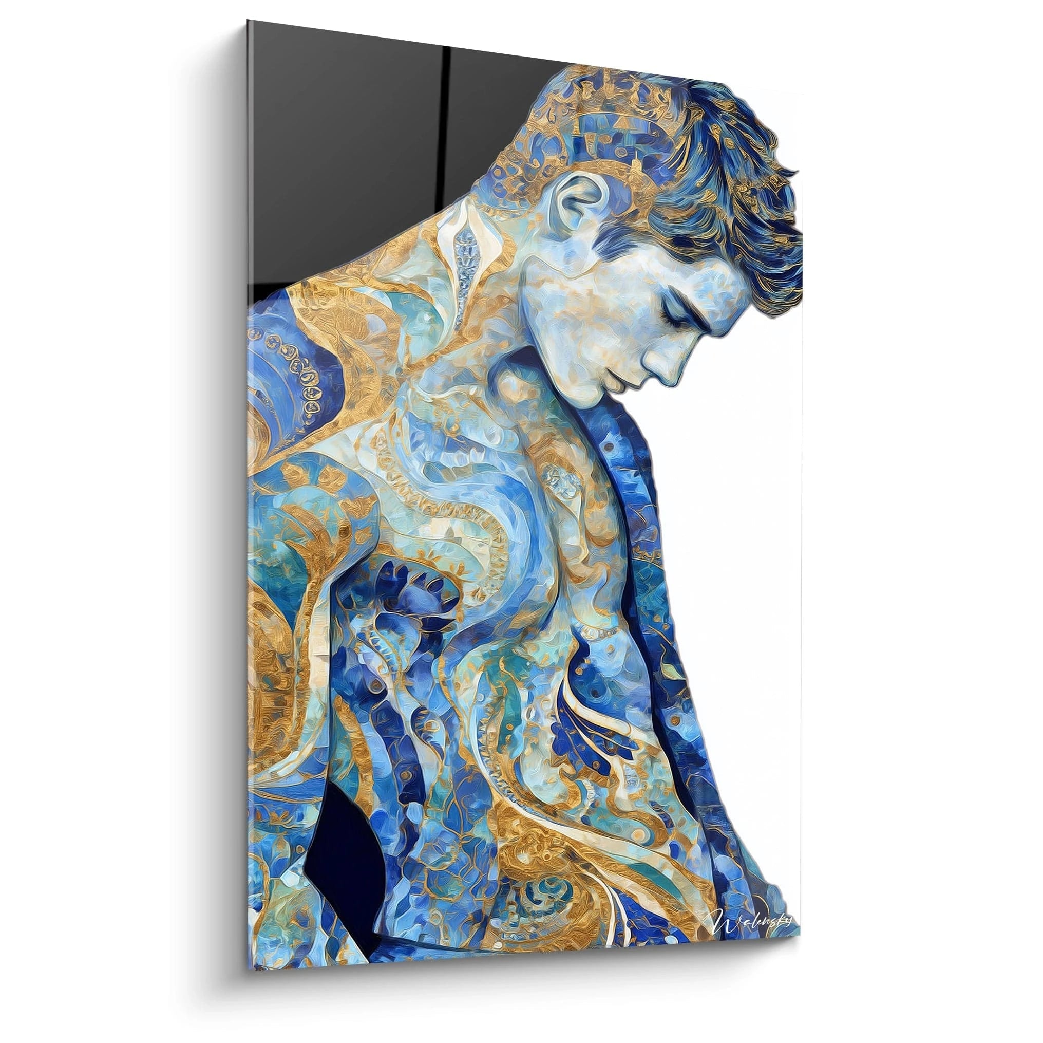 Tableau art mural masculin doré avec un homme stylisé en bleu et motifs dorés