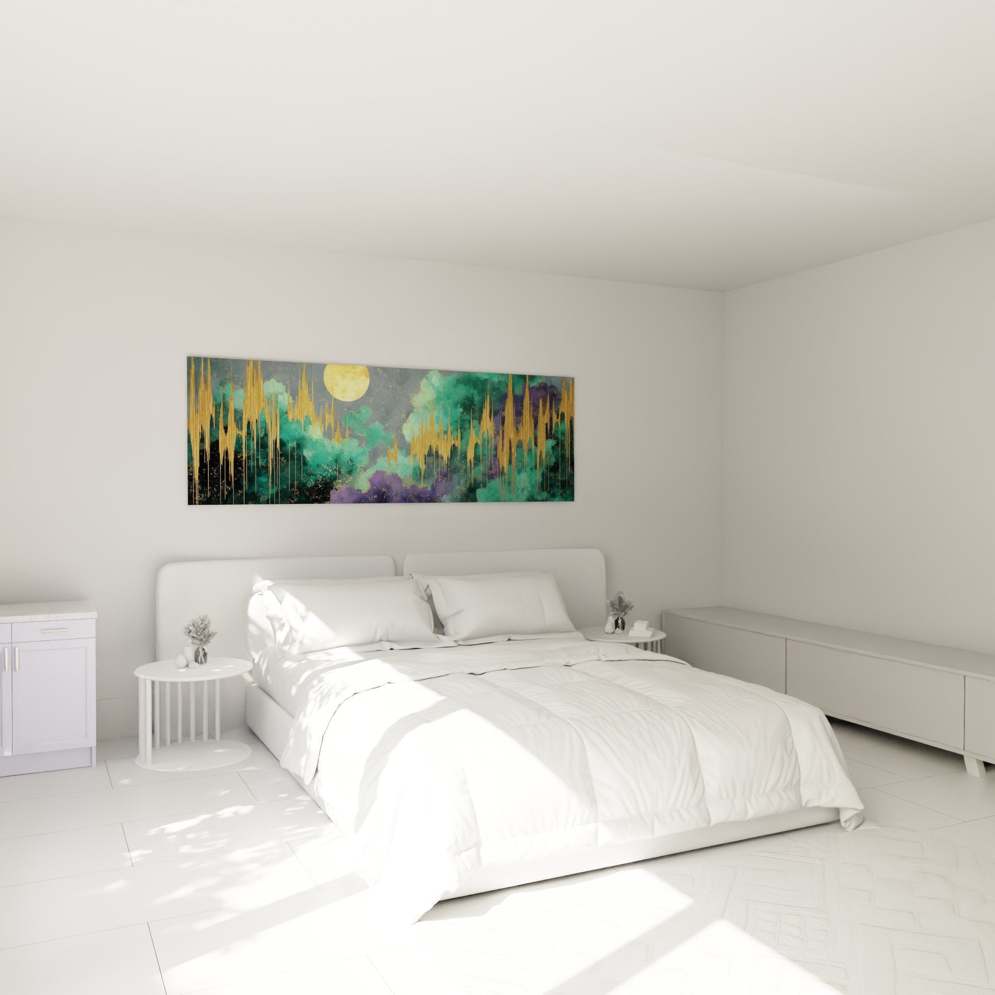Tableau nocturne turquoise et or dans chambre moderne ambiance feng shui sud-est bois apaisante