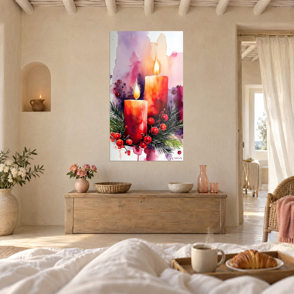 Wall art amber candles with a clear flame, green fir and red berries on a mauve background, above a bed in a bright bedroom