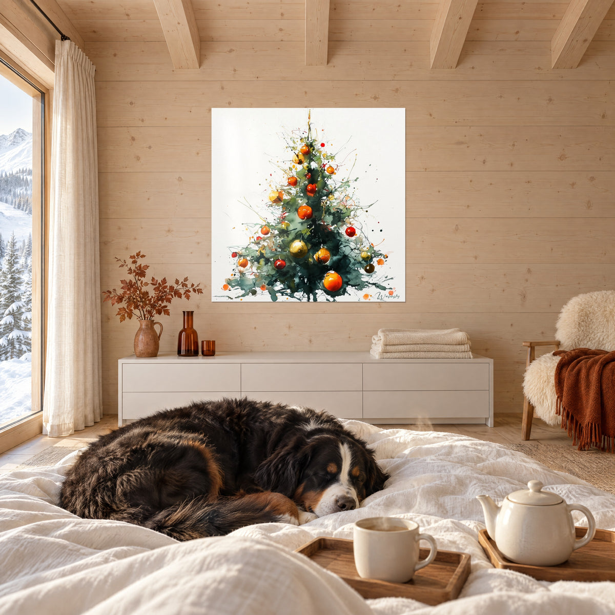 Quadro albero di Natale con palline mandarino e oro, tratti d'inchiostro scuro su fondo bianco, sopra un letto in una camera luminosa