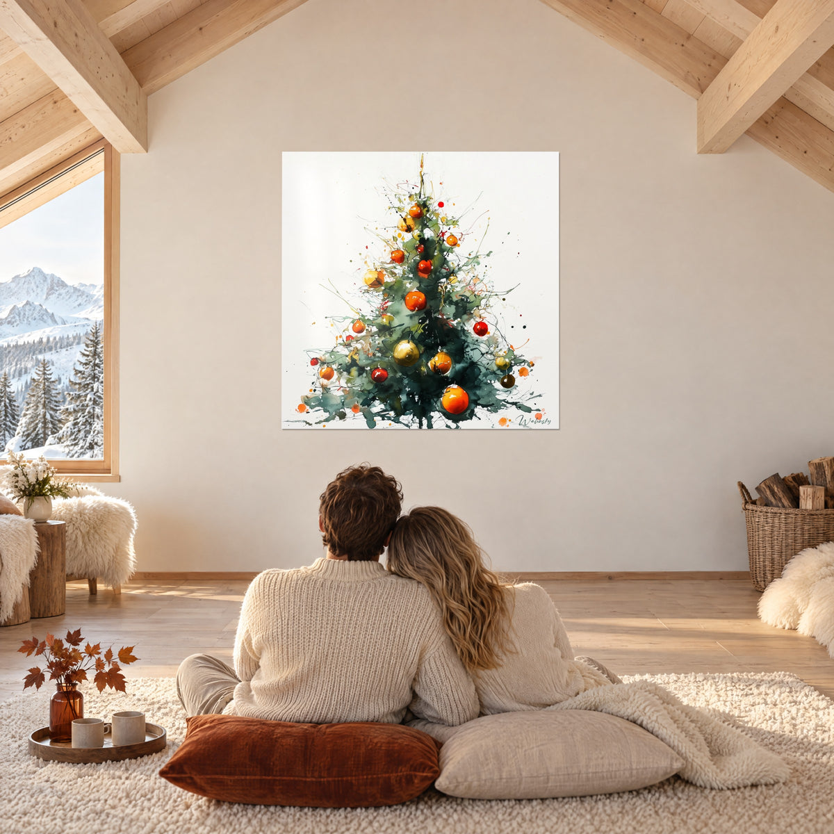 Quadro pino festivo ad acquerello con sfere arancioni, rosse e dorate, in un soggiorno sotto travi a vista, neve dalla finestra
