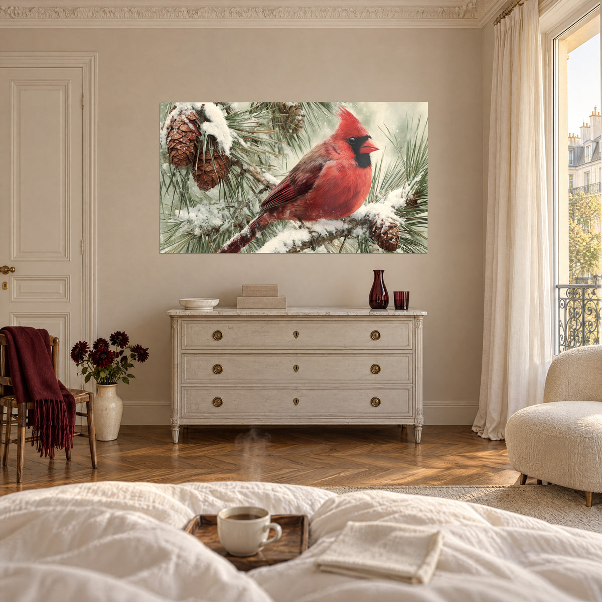 Wall art of a purple sparrow with a pointed crest, white snow dusting soft green needles, above a bed in a bright bedroom