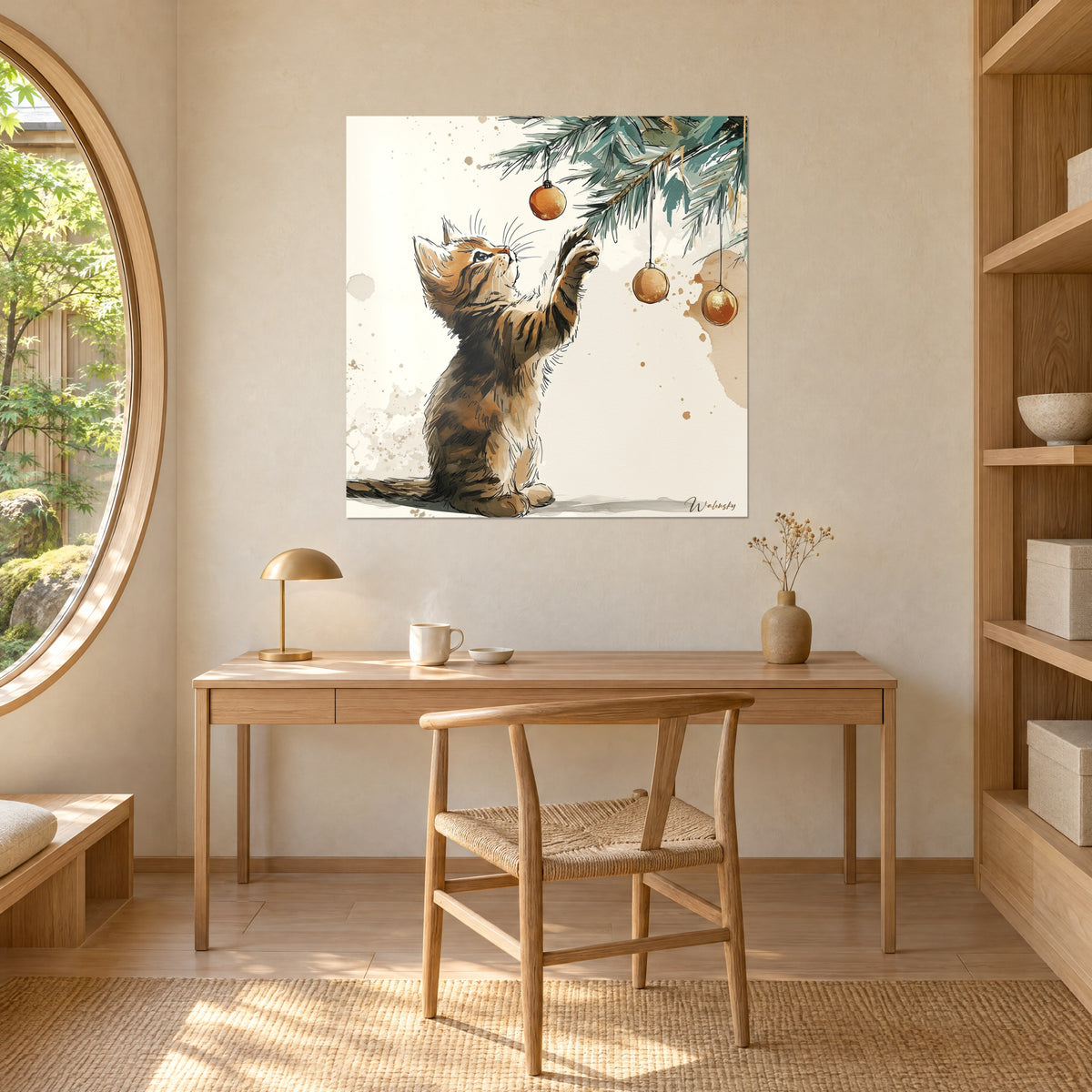 Quadro gatto curioso a inchiostro e acquerello, pelo caramello striato di marrone, ghirlanda di palline di rame, sopra una scrivania in legno chiaro